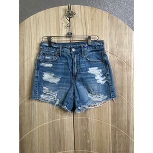 American Eagle Distressed High Rise Denim Shorts Medium Wash Blue Frayed Hem